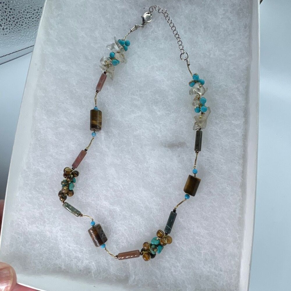 Artisan multi-gemstone beaded necklace, clear quartz turquoise tigereye